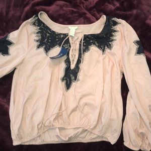 Pink Lace-up Blouse with Black Lace. New with Tags